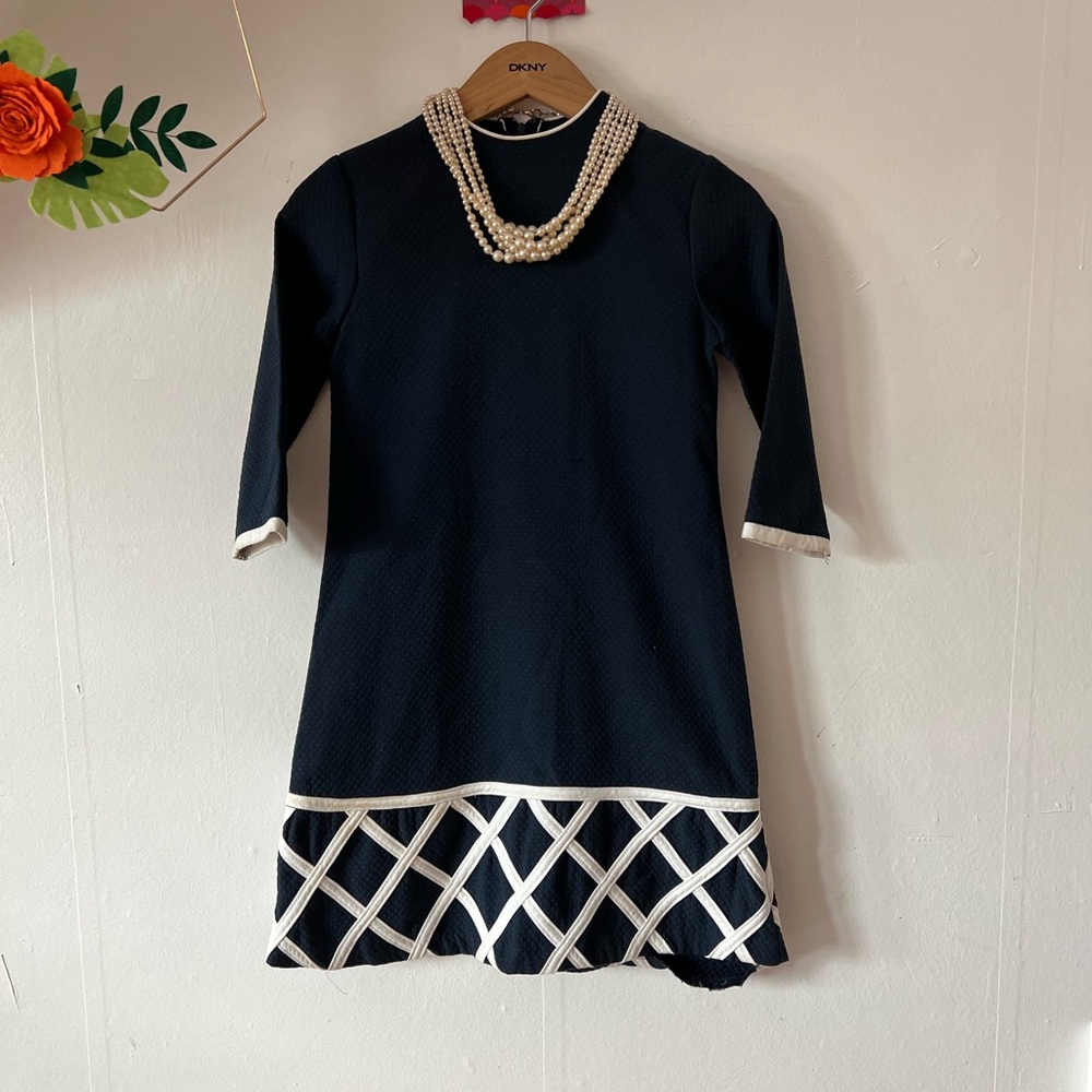 VTG Minuetto xs navy trellis hem mini dress preppy round neck piping church